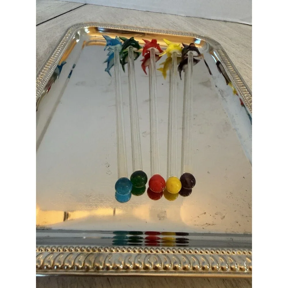 5 Murano Style Hand Blown Glass Dolphin Cocktail Stirrer Swizzle Stick Vintage